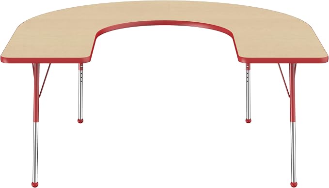 FDP Horseshoe Activity School and Office Table (60 x 66 inch), Standard Legs with Ball Glides for Collaborative Seating Environments, Adjustable Height 19-30 inches - Maple Top and Red Edge