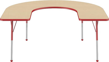 FDP Horseshoe Activity School and Office Table (60 x 66 inch), Standard Legs with Ball Glides for Collaborative Seating Environments, Adjustable Height 19-30 inches - Maple Top and Red Edge