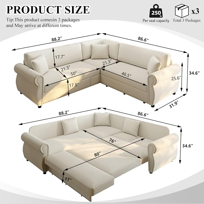 88.2" Sectional Sleeper Sofa with Pull Out Bed - Oversize L-Shaped Convertible Sleeper Couch Bed, Button Tufted Chesterfield Sofa, Chenille Vintage Couches for Living Room/Apartment(4-Seater, Beige) | Pull Out Couch Bed