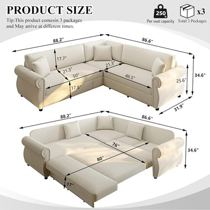 88.2" Sectional Sleeper Sofa with Pull Out Bed - Oversize L-Shaped Convertible Sleeper Couch Bed, Button Tufted Chesterfield Sofa, Chenille Vintage Couches for Living Room/Apartment(4-Seater, Beige) | Pull Out Couch Bed