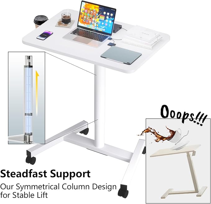 28-Inch Mobile Standing Desk, Computer Workstations with Cup Holder, Portable Standing Desk with Lockable Wheels, Rolling Table for Home Office Classroom Hospital (Snow-White, Steel Classic)