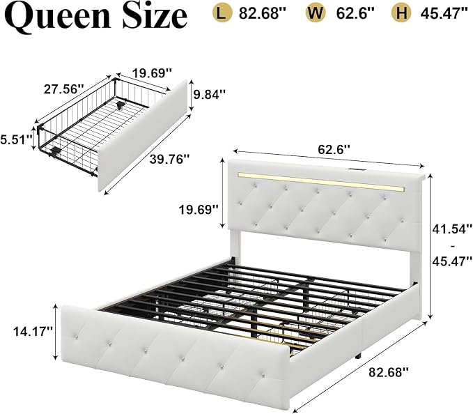 4 Pieces Queen Bedroom Set, Modern PU Fabric Metal Bed Frame with Charge Port, LED Light&Adjustable Headboard, Vanity Table with Slide LED Mirror& Hair Dryer Holder, 2 Nightstands with Charge