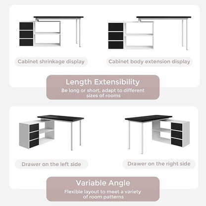 Home Office Computer Desk Corner Desk with 3 Black Drawers and 2 Shelves, 53-inch L-Shaped Study Desk with Storage, White + Black