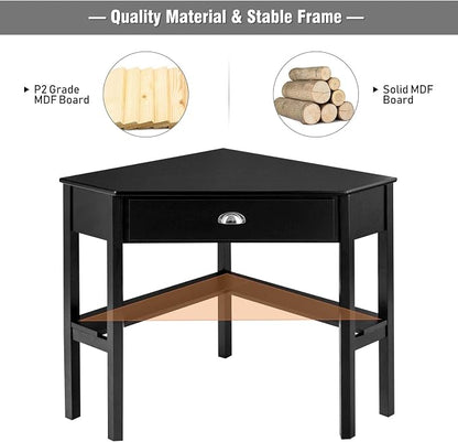 LDAILY Corner Desk, Triangle Corner Computer Desk for Small Space, Compact Writing Desk with Storage Shelves & Drawer, Space Saving Small Makeup Vanity Desk for Bedroom, Home Office, Black