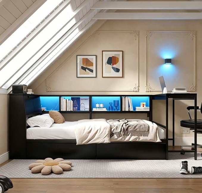 Bellemave Twin Corner Bed Frame with Desk and Storage, Twin Size cornner Bed with Charging Station and LED Light, Wood Daybeds with L-Shaped Bookcase and 2 Drawers, Black