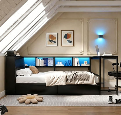 Bellemave Twin Corner Bed Frame with Desk and Storage, Twin Size cornner Bed with Charging Station and LED Light, Wood Daybeds with L-Shaped Bookcase and 2 Drawers, Black