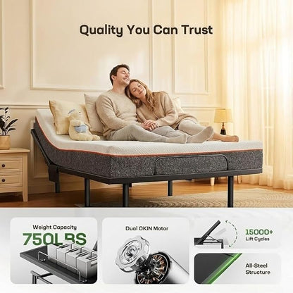 AMADA HOMEFURNISHING Queen Adjustable Bed Frame and 10 Inch Gel Memory Foam Mattress Set, Head & Foot Incline, Wireless Remote, USB Ports, LED Night Light
