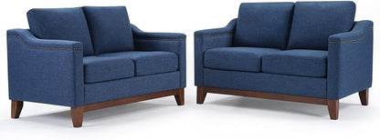 HAOMARKETS Vintage 2-Seater Upholstered Loveseat Sofa Set of 2 with Nailhead Trim, High-Density Foam Cushion & Solid Wood Legs, Soft Fabric Couch for Small Spaces, Blue