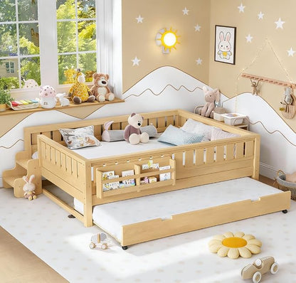 Bellemave Queen Size Kids Bed with high Rails and with Built-in Bookshelf and Trundle for Kids, Girls, Boys, Wood Montessori Bed Without Door, Light Natural