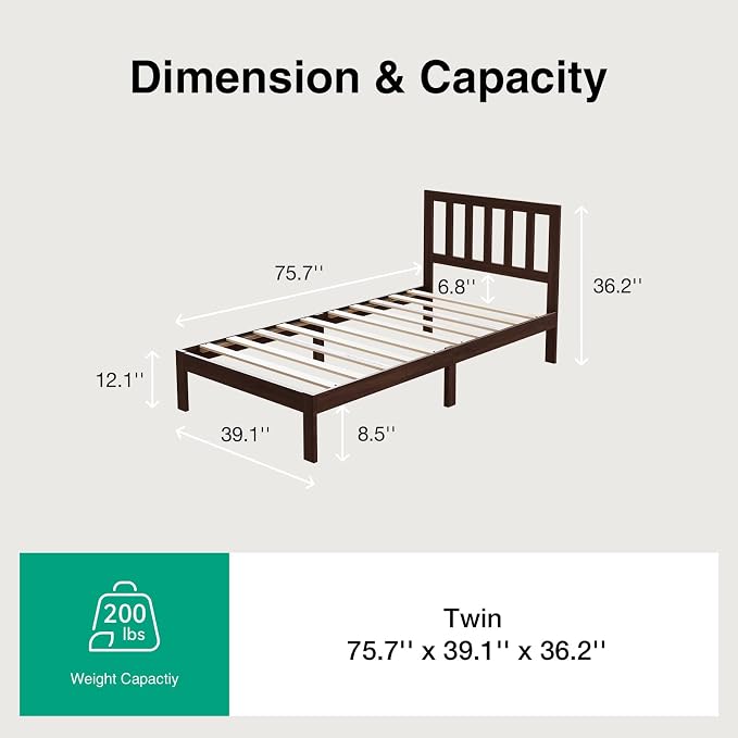 Novilla 12inch Twin Size Bed Frame Wooden Twin Platform Bed Frame, Classic Twin Bed Frame with Headboard No Box Spring Needed, Easy Assembly, Walnut