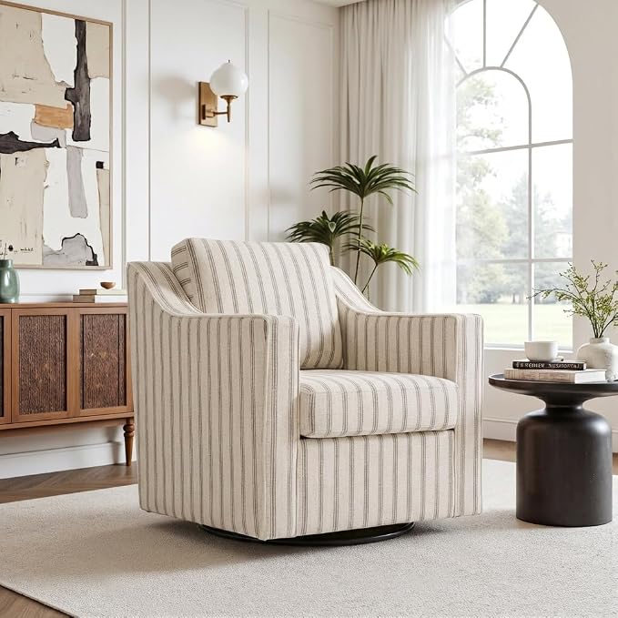 Swivel Accent Chair, 360° Swivel Upholstered Club Armchairs for Living Room, Comfy Fabric Single Sofa Reading Chair with Deep Seat, Metal Swivel Base, Pinstripe Light Brown