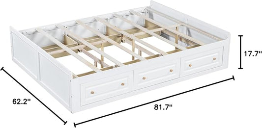 Merax Wood Queen Size Platform Bed Frame with 6 Drawers, Storage Bed Frame Without Headboard for Kids Teens and Adults, White