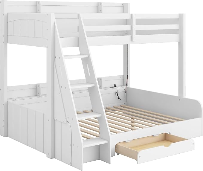 RUNNA Twin Over Full Bunk Bed with Storage Shelves, LED White/LED | Charging Station and a Drawer, Solid Wood Bunk Bed for Kids, Teens, Adults