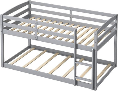 Giantex Twin Low Bunk Bed, Solid Wood Twin Over Twin Bunk Bed Frame with Full Guardrails & Integrated Ladder, Floor Twin Bunk Beds for Kids Boys and Girls, No Box Spring Needed, Grey
