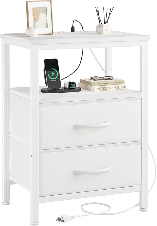DUMOS Nightstand with Charging Station Built in USB Ports and AC Outlets Bedside Table with Adjustable Fabric Drawer and Open Shelf Modern End Table for Bedroom,White