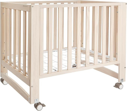 MAMAZING EvoNest 6-in-1 Convertible Baby Mini Crib with Wheels, GREENGUARD Gold Certified, 4 Adjustable Mattress Heights, 100% New Zealand Pine Wood, Portable Crib for Small Spaces, Washed Natural