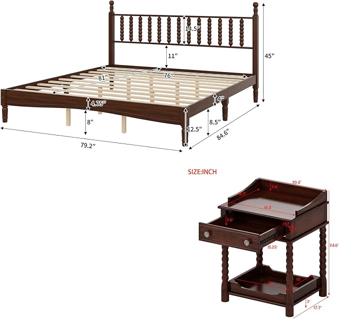 Walnut 3 Pieces King Bedroom Set, Vintage Platform Bed Frame King Size with 2 Nightstand, Wood Traditional Bedframe with Spindle Headboard, No Box Spring Required (Walnut, King)