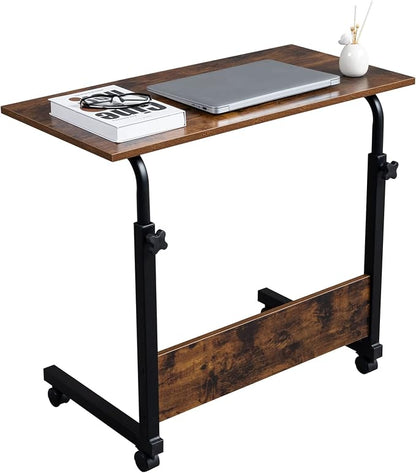 TV Tray Bed Side Table, Portable Rolling Desk Hospital Bed Laptop Table, Small Standing Desk with Wheels Adjustable Height for Sofa, Bedside, Tablet Use, Secure Non Tilt, 31.5" W, Brown