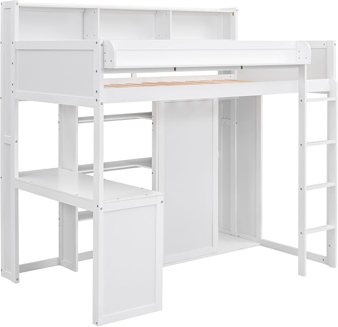Ball & Cast Twin Size Loft Bed with Big Storage Under-Bed Desk & Staircase,Wooden Bedframe W/Integrated Wardrobe,Drawers & Shelves,Space-Saving,Modern Furniture for Boy Girl Teens Small Bedroom,Gray