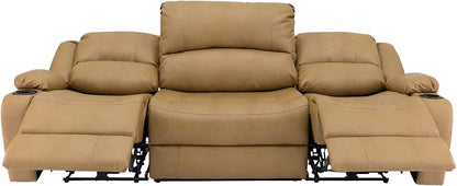 RecPro Charles 94" Powered Triple RV Wall Hugger Recliner Sofa with Drop Down Console, RV Furniture with Upgraded 2023 Suprima Leather Fabric Blend, Toffee