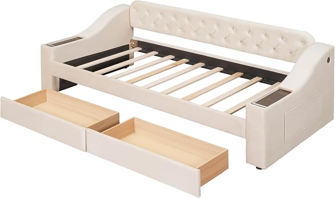 Merax Twin Size Upholstered Daybed with Storage Armrests, Wooden Sofa Bed Frame with 2 Drawers and USB Port, Beige
