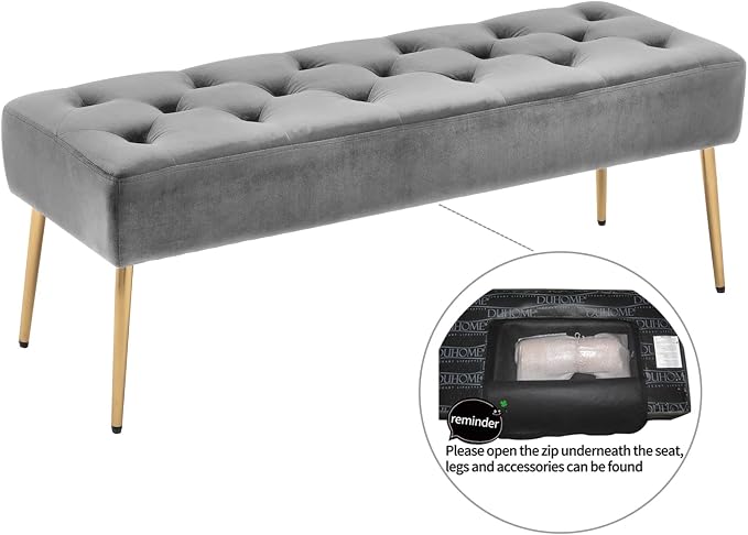 DUHOME Modern Velvet Ottoman Bench, Button-Tufted Upholstered Bedroom Benches,End of Bed Bench with Gold Base for Entryway Living Room Dining Room, Grey