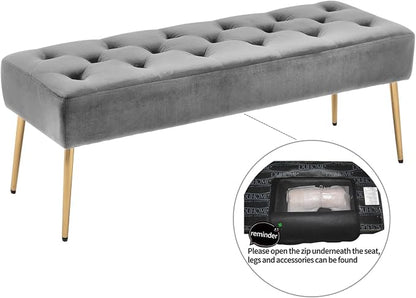 DUHOME Modern Velvet Ottoman Bench, Button-Tufted Upholstered Bedroom Benches,End of Bed Bench with Gold Base for Entryway Living Room Dining Room, Grey