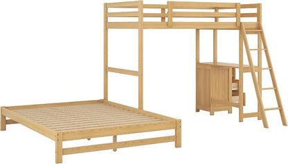 Ball & Cast Twin Over Full Bunk Bed with Safty Guardrail & Stair,Solid Wood Construction W/Built-in Desk & 3 Drawers,Can Divided Into 2 Bedframe,Easy Assembly,for Boy Girl Teen Adult Bedroom,Natural