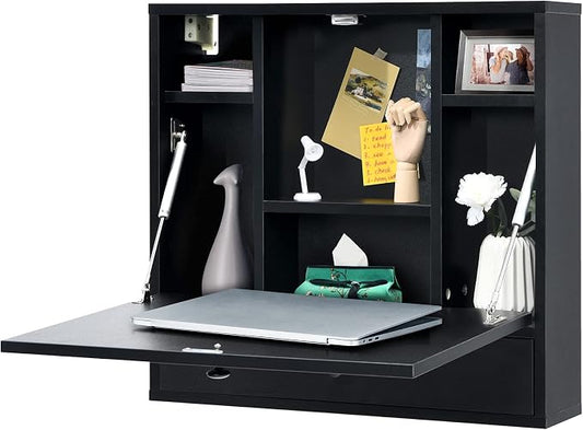 COSTWAY Wall-Mounted Computer Desk, Floating Desk with Storage Drawer & Shelves, Fold-up Desktop & Pneumatic Springs, Ideal for Home, Office, Dormitory, Small Spaces (Black)