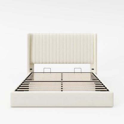 Allewie Queen Size Lift Up Storage Bed Frame, Hydraulic Support System, Upholstered Platform Bed Frame, Underneath Storage, Vertical Channel Tufted Headboard with Wingback, No Box Spring Needed, Cream