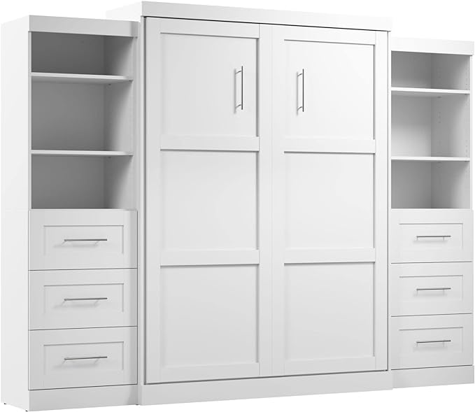 Bestar Pur Queen Murphy Bed and 2 Shelving Units with Drawers, 115-inch Space-Saving Sleeping Arrangement for Multipurpose Area, Bedroom, Guest Room, or Living Room