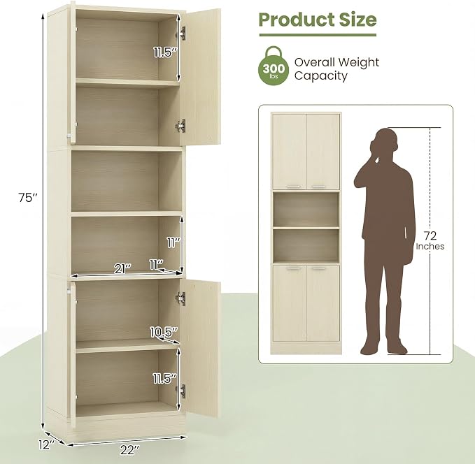 Giantex Kitchen Pantry Cabinet, 75'' Tall Freestanding Cupboard with Doors & Shelves, Safety Hinges & Anti-Tipping Devices, Storage Sideboard for Dining Room, Living Room (Light Oak)