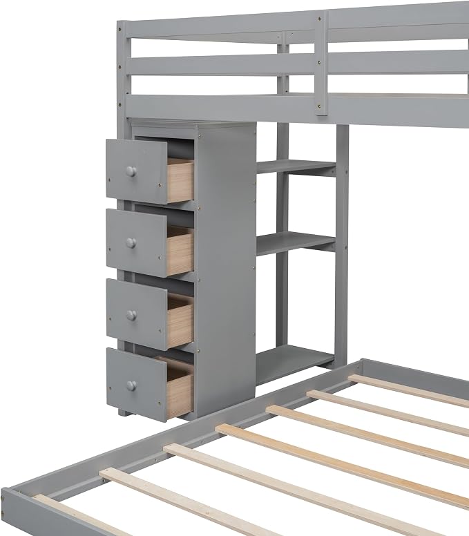Ball & Cast Twin Over Full Bunk Bed with Safty Guardrail & Storage Stairs,Wood Bedframe W/ 3-Layer Shelves & Drawers,Easy Assembly,Space Saving,Compact Bedroom Furniture Set for Boy Girl Teens,Gray