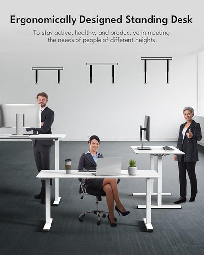 Standing Desk, Height Adjustable Electric Stand up Desk, 55 x 24 Inches Sit Stand Home Office Desk with Splice Board, White Frame/White Top
