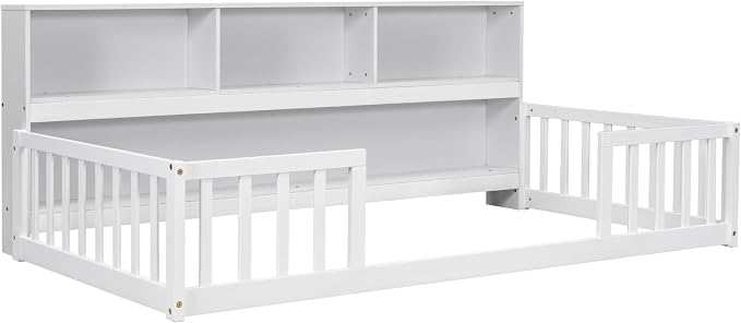 Bellemave Kids Montessori Floor Bed Twin Size, Floor Bed Frame with Bookcase and Shelves for Kids Boys Girls,Twin,White