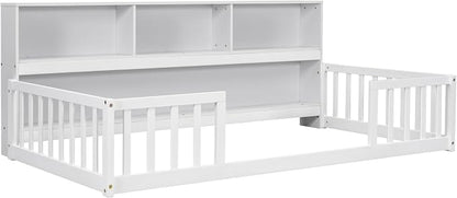 Bellemave Kids Montessori Floor Bed Twin Size, Floor Bed Frame with Bookcase and Shelves for Kids Boys Girls,Twin,White
