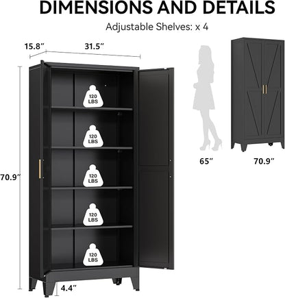 COFaR 71" Modern Pantry Cabinet in Black, 5-Tier Storage Cabinet with Adjustable Shelves, Industrial Steel Cupboard for Kitchen, Office & Living Room Organization