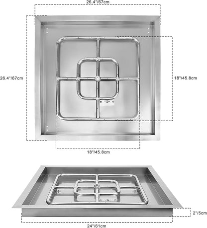 onlyfire Stainless Steel Square Fire Pit Flat Pan with Burner Ring Assembly, 24-Inch