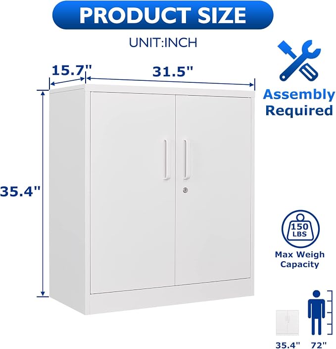 Metal Storage Cabinets with Locking Doors, 36 inch Lockable Steel Office Cabinet with Adjustable Shelves, Small Short Garage Caninet, White Locked Tool Caninets for Home, Office, Garage, Hallway