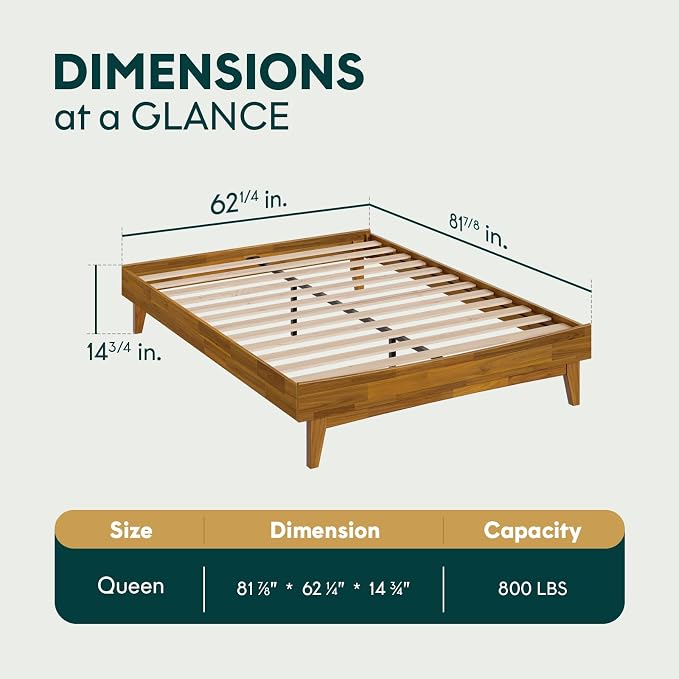 Bme Catherine Queen Platform Bed Frame, Modern Bed Frame Without Headboard, Wooden Low Profile Bed Frame, Acacia Wood Platform Bed Frame, No Box Spring Needed, Supports up to 800lbs - Teak Brown