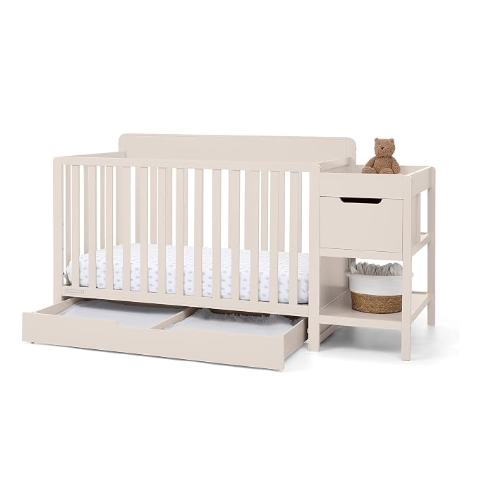 Delta Children Maya 5-in-1 Convertible Crib and Changer with Storage, Converts to Toddler Bed, Daybed, Sofa & Full Bed, Greenguard Gold Certified, 3 Mattress Heights for Baby, Soft Beige