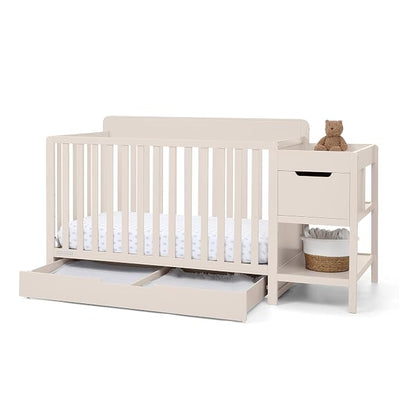 Delta Children Maya 5-in-1 Convertible Crib and Changer with Storage, Converts to Toddler Bed, Daybed, Sofa & Full Bed, Greenguard Gold Certified, 3 Mattress Heights for Baby, Soft Beige