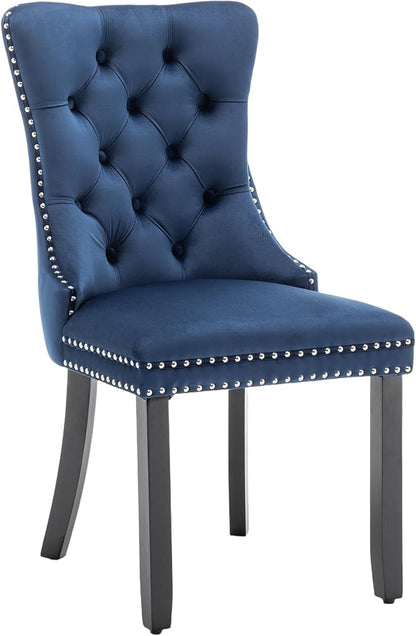 Single Dining Chair Mid Century Modern Dining Chair Velvet Upholstered Dining Room Chair Farmhouse Dining Accent Chair with High Back and Nailhead Trim for Kitchen, Living Room, Bedroom (Blue)