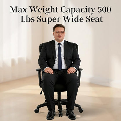 YFO Big and Tall Office Chair 500LBS - Computer Desk Chair with Adjustable Lumbar Support, Heavy Duty Ergonomic Mesh with 360 Rotation 2D Arm and Extra Wide Comfty Seat, Quiet Wheels for Adults, Black