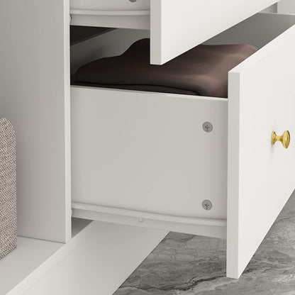 ECACAD Wardrobe Armoire with Mirror, 5-Tier Shelves, 2 Drawers, 2 Hanging Rods and 4 Doors, Wooden Closet Storage Cabinet for Bedroom, White (63”W x 19.7”D x 70.9”H)
