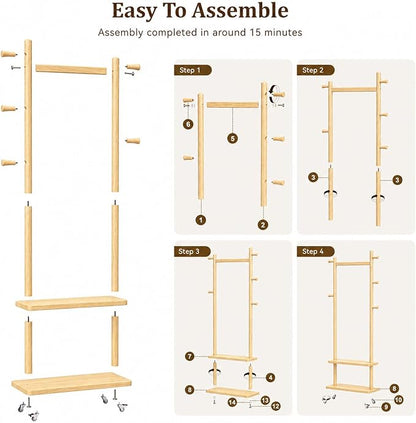 Solid Wood Coat Rack Freestanding Clothing Rack with Wheels & 2 Shelves Storage & 5 Hooks Heavy Duty Clothes Rack Wood Coat Tree Stand Hat Hanger Rack for Corner Bedroom Entryway Living Room Hotel