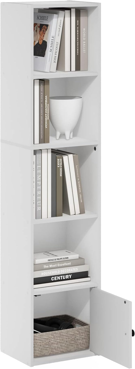 Furinno LUDER Book Shelf, 5-Tier Modern Bookshelf, Bookcase with 1 Door Storage Cabinet, 9.3 x 12 x 52, for Organization and Storage, for Living Room, Bedroom, Home Office, White