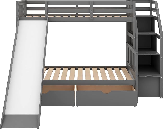 RUNNA Twin Over Full Bunk Bed with Slide,Storage Drawers,Play House,Grey | Twin over full bunk bed with slide,storage,ladder,play house design,solid wood frame,guardrails,no box spring needed,grey