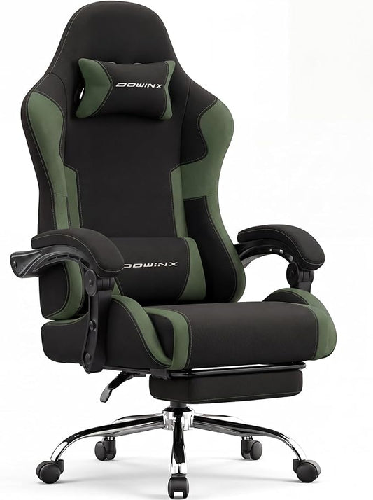 Dowinx Ergonomic Gaming Chair with Footrest & Massage Lumbar, 2D-Linkage Armrests for Computer Chair 330lbs with Headrest Pillow for Office, Home, Streaming and Long Gaming Sessions, Fabric Dark Green