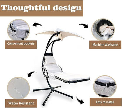Outdoor Hanging Lounge Chair Replacement Cushion Cover and Umbrella Fabric, Made for Patio Curved Chaise Lounge Swinging Hammock Chair Pads, Waterproof Soft Fabric (Cushion Not Included, Khaki)